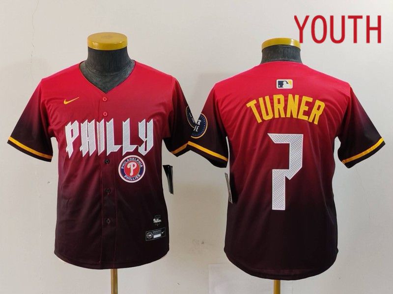 Youth Philadelphia Phillies #7 Turner Red City Edition 2024 Nike MLB Jersey style 5->youth mlb jersey->Youth Jersey